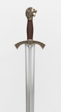 Polished medieval sword featuring a shiny steel blade and intricate hilt with ornate carvings, isolated against a plain white background, gold, studio shot, longsword