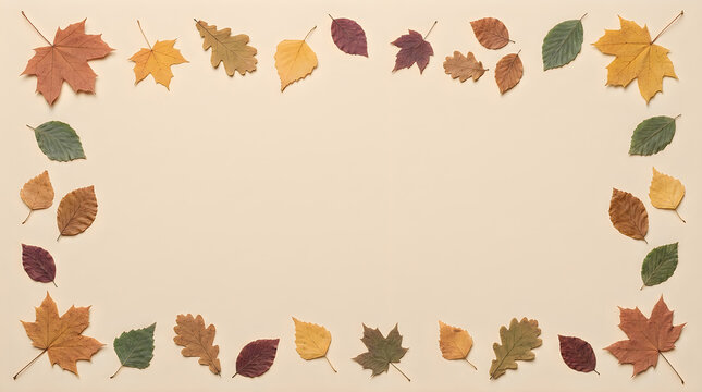 A beautiful frame made of colorful autumn leaves on a beige background perfect for a festive thanksgiving day greeting card