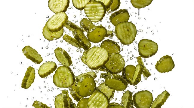 Fresh sliced pickles falling in water splashes isolated on white background