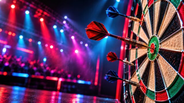 Multiple darts hitting on targeted dartboard on modern stage with colorful concert spotlights.
