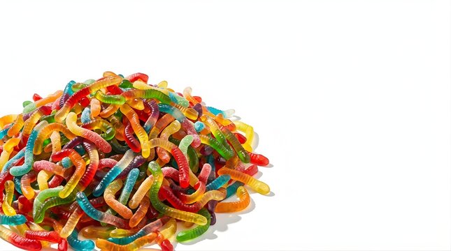 Heap of colorful gummy worms candy isolated on white background