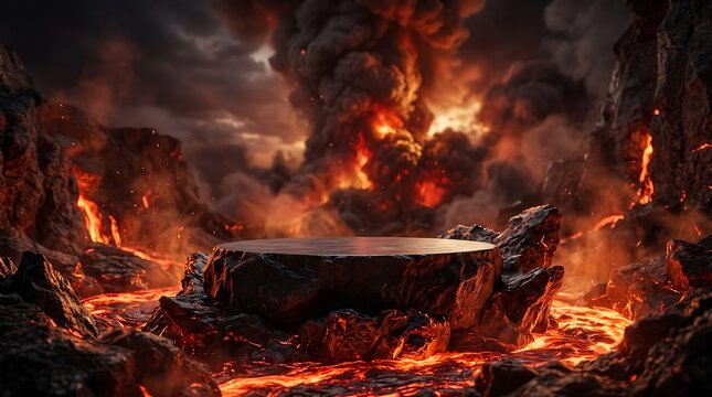 Volcanic rock podium centered in fiery lava landscape with dramatic dark ash smoke clouds background.