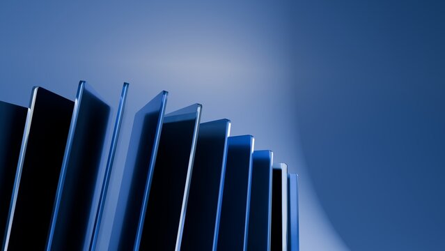 Cyan parametric fins cast reflections across a minimalist blue background for sleek tech banner