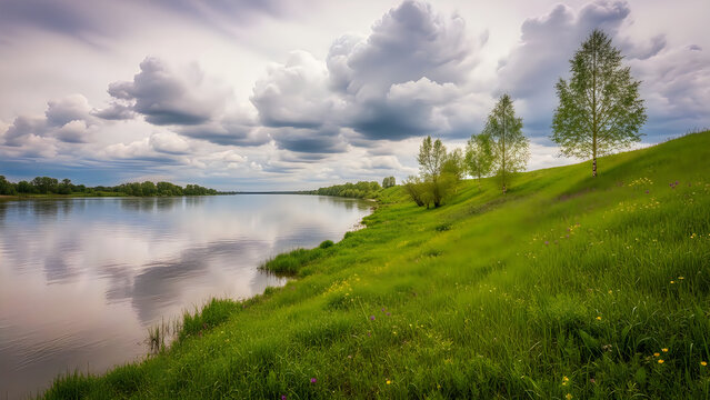 Serene riverbank with green grass and trees