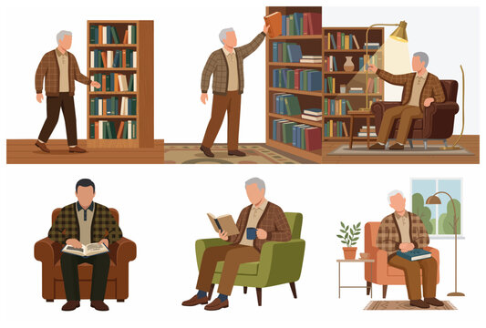 Set of flat vector illustrations of a senior man reading books, browsing a library, and relaxing in an armchair at home.