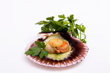 grilled scallop in green sauce isolated on white background © carballo