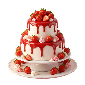 Elegant two-tier strawberry cake with vibrant red drip icing, fresh berries and meringues, isolated on transparent background.