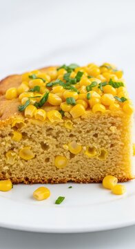 A close-up shot of a thick slice of golden, homemade cornbread topped with sweet corn kernels and fresh herbs served on a plain white plate, savory, lunch, garnish