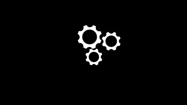 Minimal white gear cogs icon illustration on black background, mechanical engine system settings options process, technical support engineering configuration software optimization symbol.