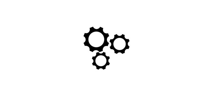 Minimal black gear cogs icon illustration on White background, mechanical engine system settings options process, technical support engineering configuration software optimization symbol.