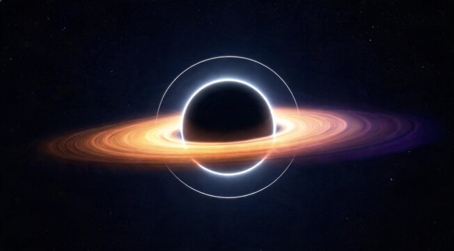 Black hole silhouette with golden accretion disk and gravitational lensing in deep space