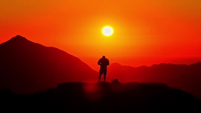 Silhouette of man stands facing bright sun atop mountain summit against fiery red sky at Col d'Aubisque