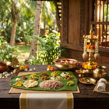 Traditional south indian sadhya meal served on a banana leaf with vibrant side dishes