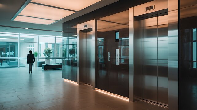 A modern office lobby featuring sleek elevator doors and a person walking in the background, with soft lighting creating a professional atmosphere. 