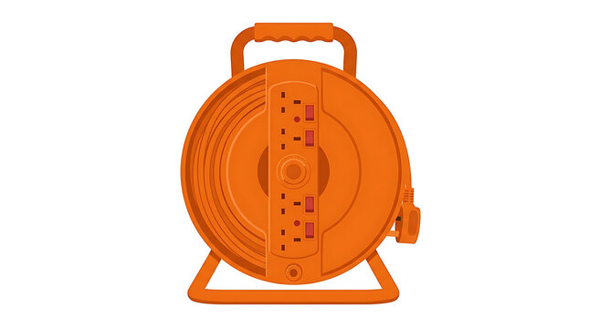 Orange extension cord reel with multiple sockets and handle isolated on white