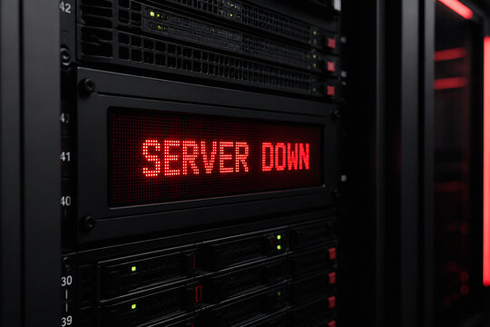 A close-up of a server rack displaying a bright red "SERVER DOWN" error message.