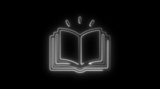 Glowing neon open book animation, minimalist education and knowledge symbol for digital learning