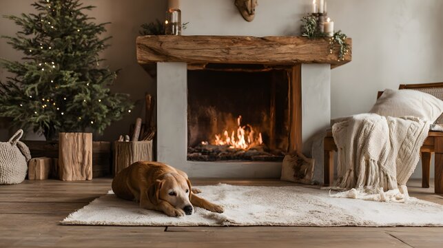 A dog resting peacefully on a soft area rug in front of a modern burning fireplace. Warm, cozy living room, complete with an illuminated Christmas tree and neutral, neutral-toned decor.