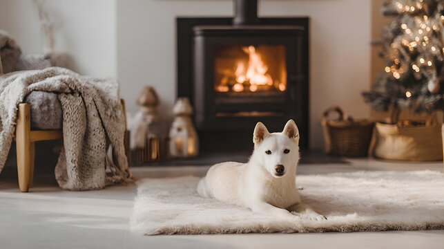 A dog resting peacefully on a soft area rug in front of a modern burning fireplace. Warm, cozy living room, complete with an illuminated Christmas tree and neutral, neutral-toned decor.