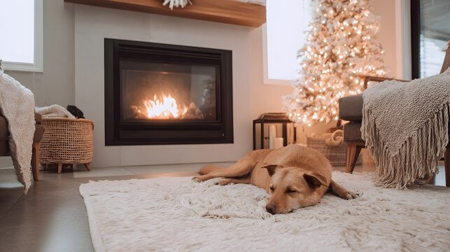 A dog resting peacefully on a soft area rug in front of a modern burning fireplace. Warm, cozy living room, complete with an illuminated Christmas tree and neutral, neutral-toned decor.