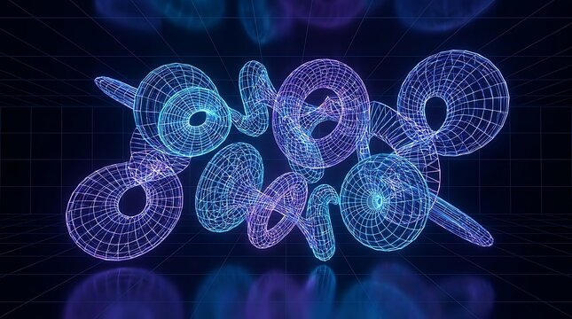 Glowing digital network nodes and connections forming abstract shapes