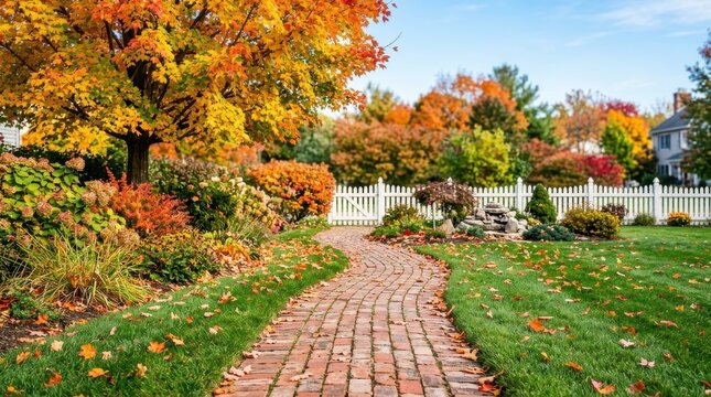 Brick garden pathway leading through vibrant autumn foliage and fall colors in residential backyard.