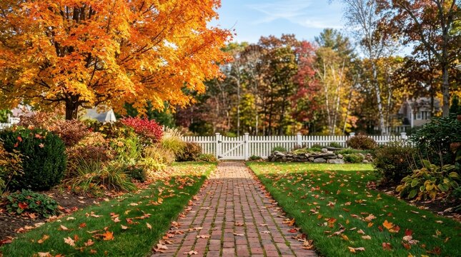 Charming garden walkway lined with autumn leaves and fall trees in residential park.