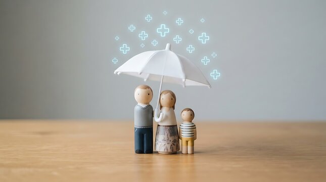 Wooden peg doll family under a white umbrella with medical cross icons for health insurance