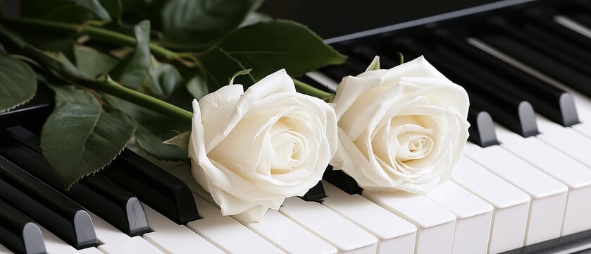 Beautiful white roses resting on white and black piano keys. A romantic and sorrowful idea that symbolizes love, music, and memories of a wedding or funeral.