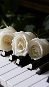 Beautiful white roses resting on white and black piano keys. A romantic and sorrowful idea that symbolizes love, music, and memories of a wedding or funeral.