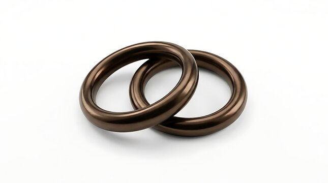 Two interlocking bronze o-rings on a clean white isolated background, keywords: bronze, rings