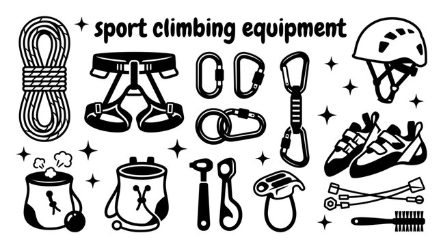 sport climbing equipment featuring climbing ropes harnesses carabiners quickdraws helmets chalk bags climbing shoes belay devices and protective gear vector illustration set collection