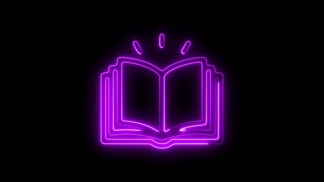 Glowing purple neon open book animation, education and knowledge concept, digital learning symbol on black background