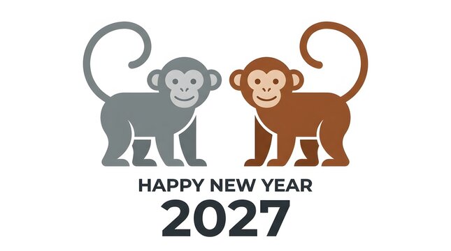 Happy new year 2027 graphic with two stylized monkey characters