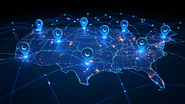 Glowing blue map of the USA featuring location pins and data connection lines. Perfect for logistics and technology concepts.