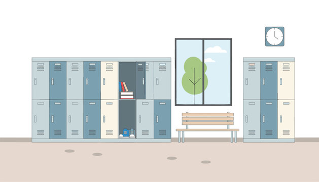 School or gym locker room interior features rows of metal lockers, a wooden bench, a large window, and a wall clock.