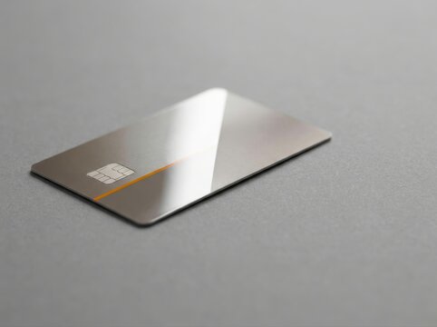 Metal credit card with chip on gray background for secure payments