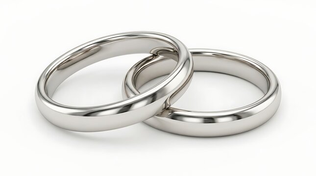 Two interlocking silver wedding rings on a clean white background, symbolizing union gold metal