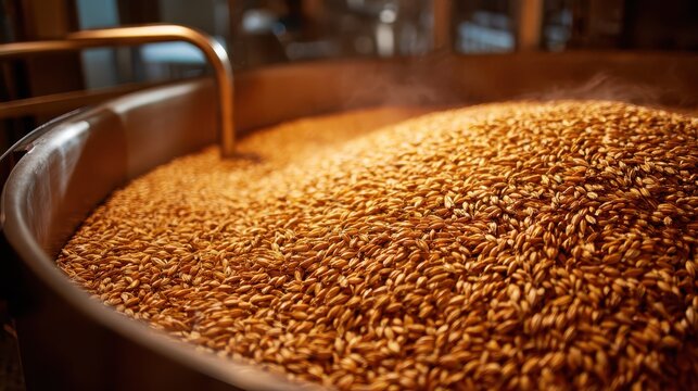 Golden Malted Barley Grains during malting process in industrial brewery vat with warm ambient lighting