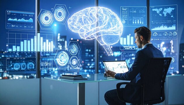 Person working with holographic brain data visualization