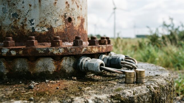 Wind turbine tower base with rust texture, bolt rings, cable glands, and coin stacks