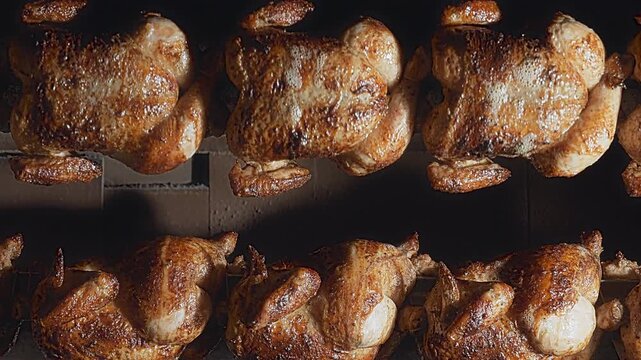 Rows of Authentic Peruvian Rotisserie Chicken Roasting on a Spit