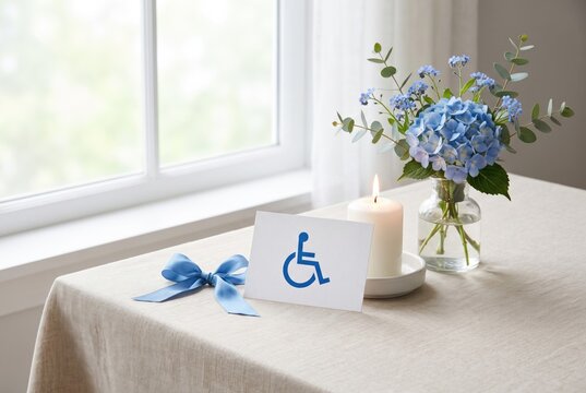 Card with wheelchair accessibility symbol, blue ribbon, burning candle and blue flowers in glass vase on table by window. Awareness support and inclusion concept. Minimalist still life