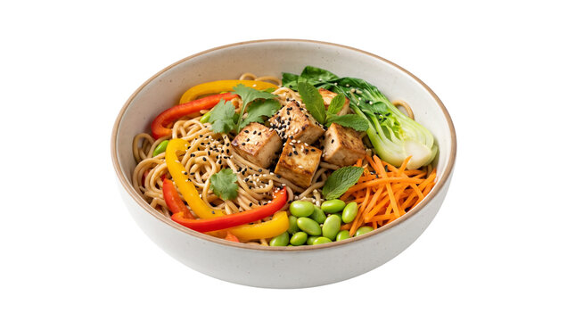 Vegan tofu noodle bowl with fresh vegetables. Asian stir fry noodles with bok choy and edamame. Healthy plant based meal in ceramic bowl.