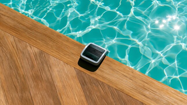 Swimming pool corner with clear turquoise water, wooden deck, sunlight reflections, and a small pool skimmer