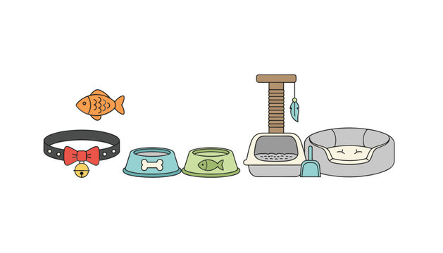 Essential pet accessories including a goldfish toy a collar two food bowls a litter box and a comfortable round pet bed.