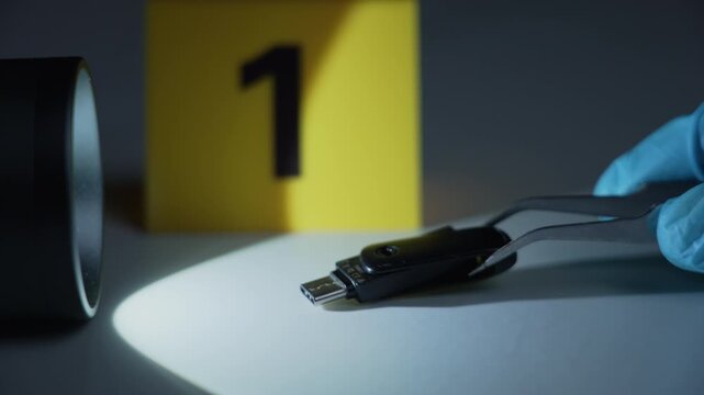 Gloved hand using tweezers to inspect USB flash drive under flashlight beam, evidence marker one, dark cybercrime scene, forensic examination, close up shot