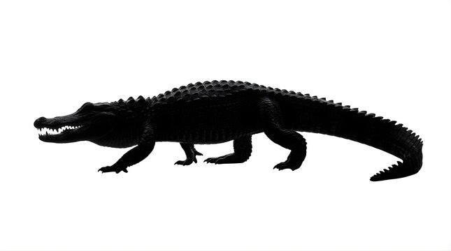 Black silhouette of an alligator walking isolated on white background