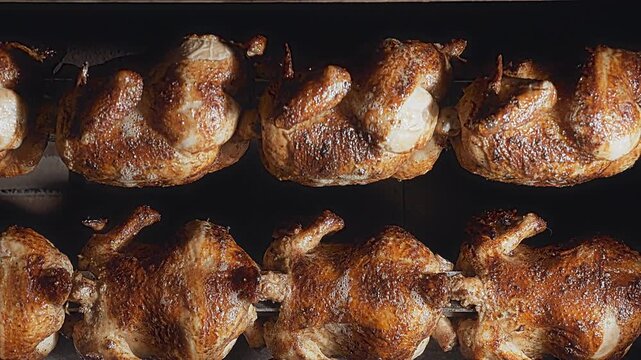 Rows of Authentic Peruvian Rotisserie Chicken Roasting on a Spit