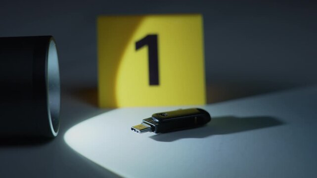 Gloved hand setting evidence marker one near USB drive under flashlight beam, focus shift and slow zoom in, dark cybercrime forensic scene